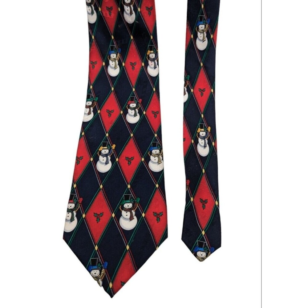 Hallmark Holiday Traditions Snowman Holly Christmas 100% Silk Necktie 59" EUC